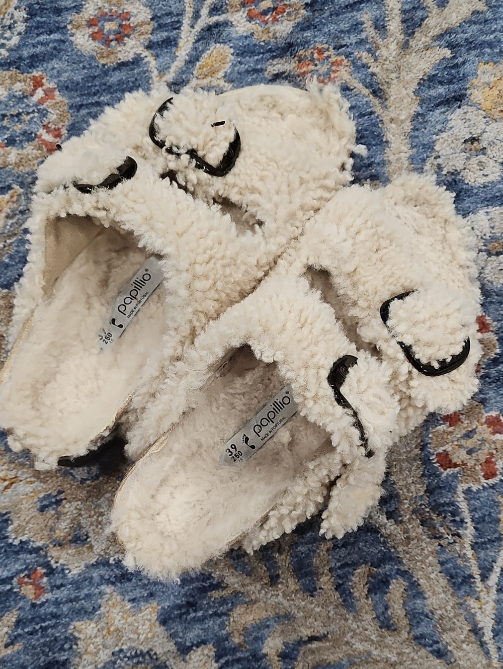 Papillio Sherpa Buckle Clogs in Cream with Black Trim